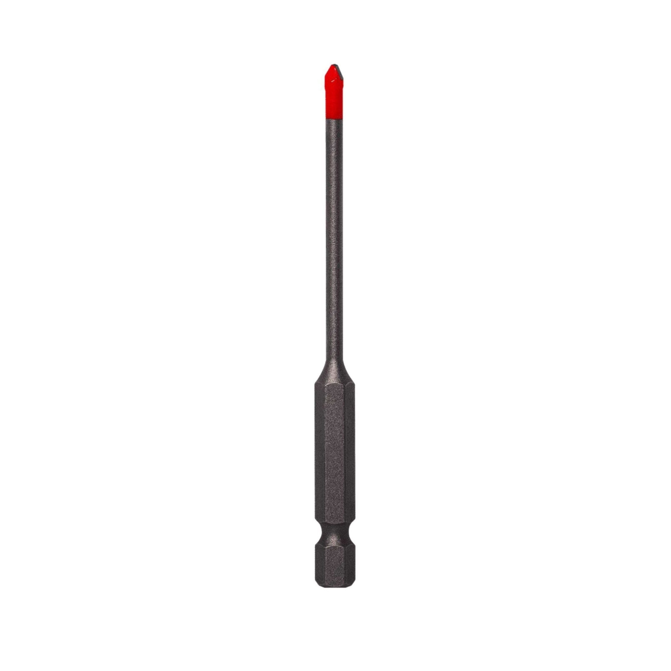 This image features the Diablo DMANSP1010 1/8 in. Hard Tile & Stone Carbide Tipped Drill Bit, with a silver shaft and hexagonal base. Highlighted by a red tip for specialized function, it stands out against the white background detailing its precision.